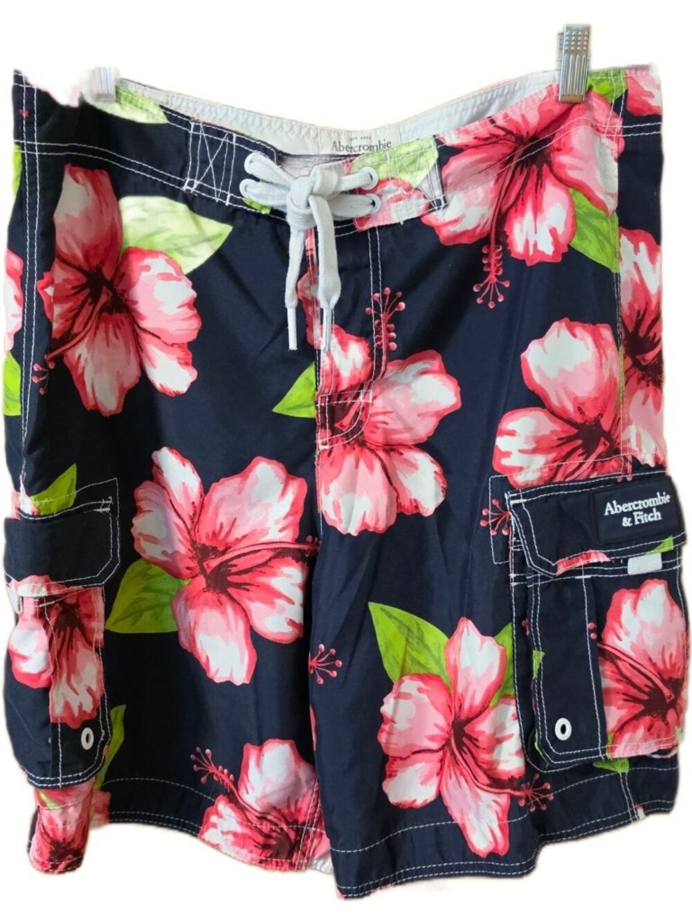 Abercrombie & Fitch Board Shorts Men XL 40 Navy Pink Hibiscus Floral Cargo Y2K